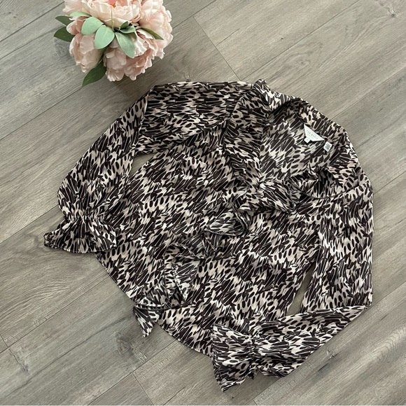 New Ted Baker Bertei Brown Abstract Beaded Trim Ruffle Sheer Blouse - Picture 3 of 10
